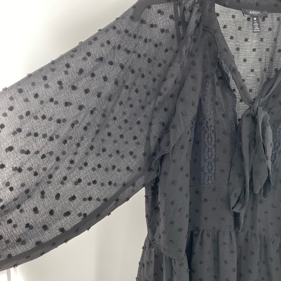 Aqua NWT Ruffle Clip Dot Mini Dress Pussy Bow Bishop Sleeves V Neck Black New - Picture 2 of 13